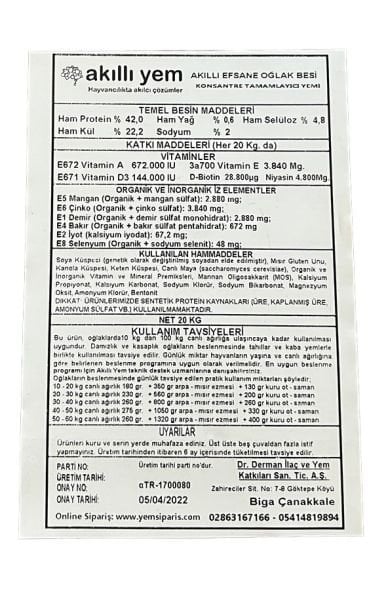 Akıllı Yem 42 HP Efsane Konsantre Oğlak Besi Yemi 20 KG