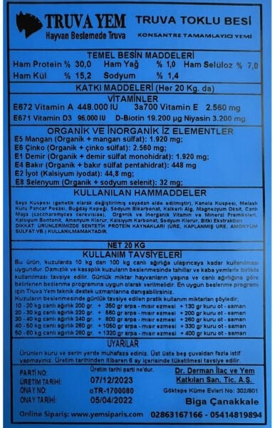 Truva Yem 30 HP Konsantre Toklu Besi Yemi 20 KG