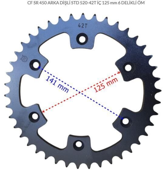 CF MOTO 450SR ARKA DİŞLİ STD 520-42T İÇ 125 mm 6 DELİKLİ ÖM