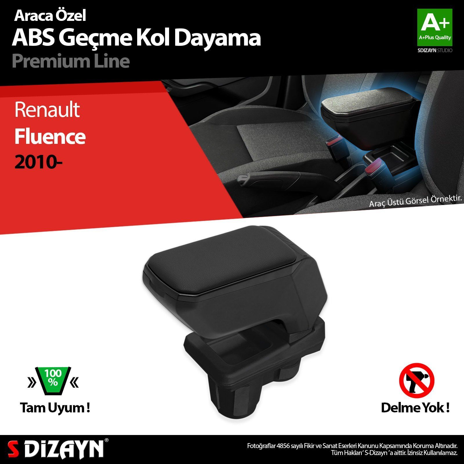 Renault Fluence Uyumlu Kol Dayama Kolçak Geçmeli ABS Siyah 2010 Üzeri A+Kalite Parça