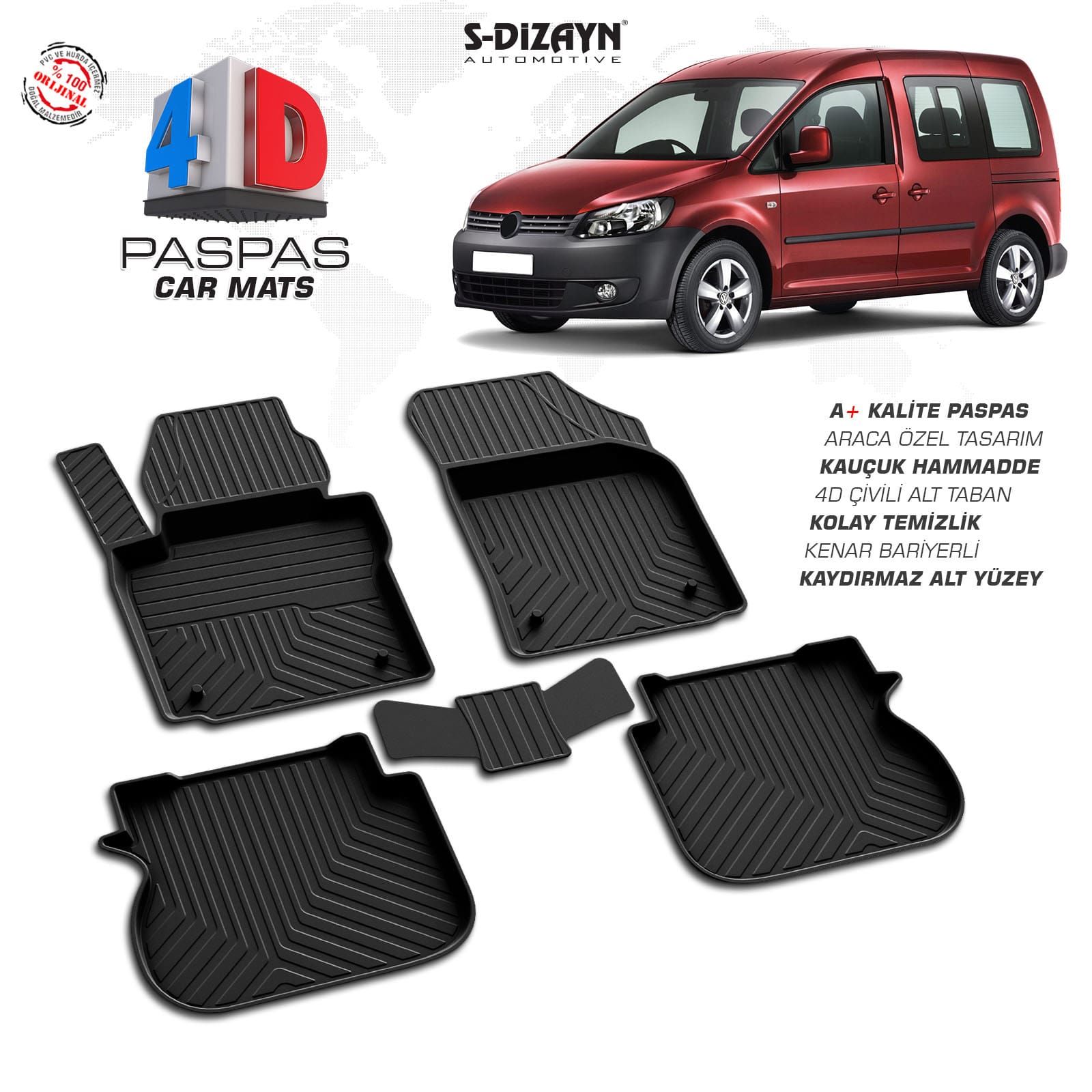 VW Caddy 4D Araca Özel Havuzlu Kauçuk Paspas 2004-2019