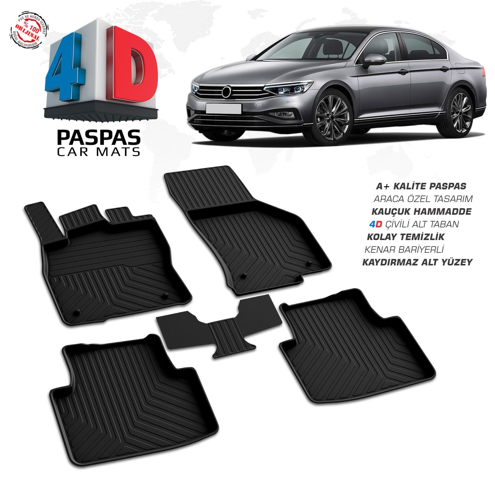 VW Passat B8.5 4D Araca Özel Havuzlu Kauçuk Paspas 2019 ve Üzeri