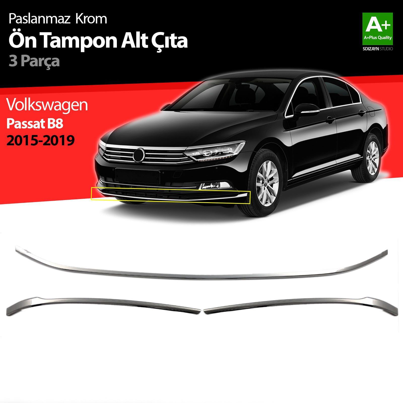 Volkswagen Passat Uyumlu B8 Krom Ön Tampon Alt Çıtası 3 Parça 2015-2019