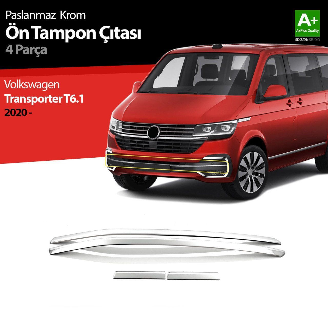 Volkswagen Transporter Uyumlu T6.1 Krom Ön Tampon Çıtası 4 Parça. 2020 Üz