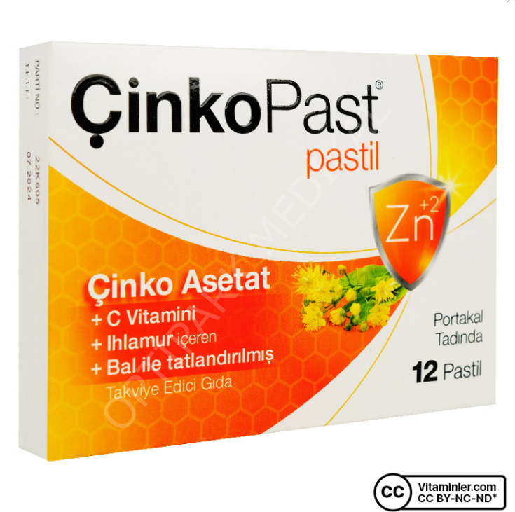 CINKOPAST CINKO ASETAT, C VITAMINI, IHLAMUR ICEREN PASTIL 12 ADETLIK AMBALAJ (PORTAKAL TADINDA)