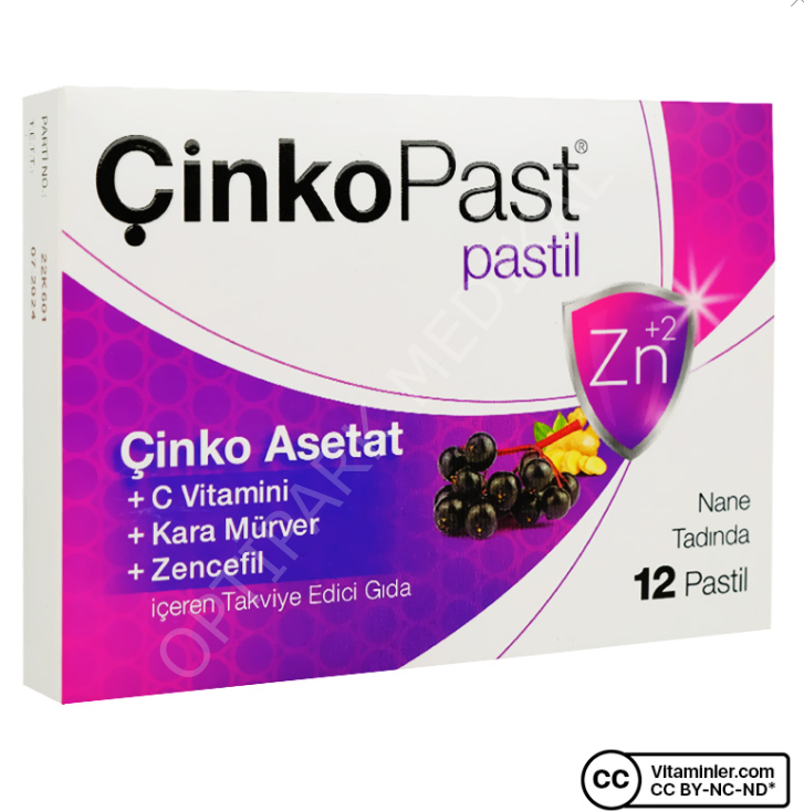 CINKOPAST CINKO ASETAT, C VITAMINI, KARA MURVER, ZENCEFIL ICEREN PASTIL 12 ADETLIK AMBALAJ (NANE TAD