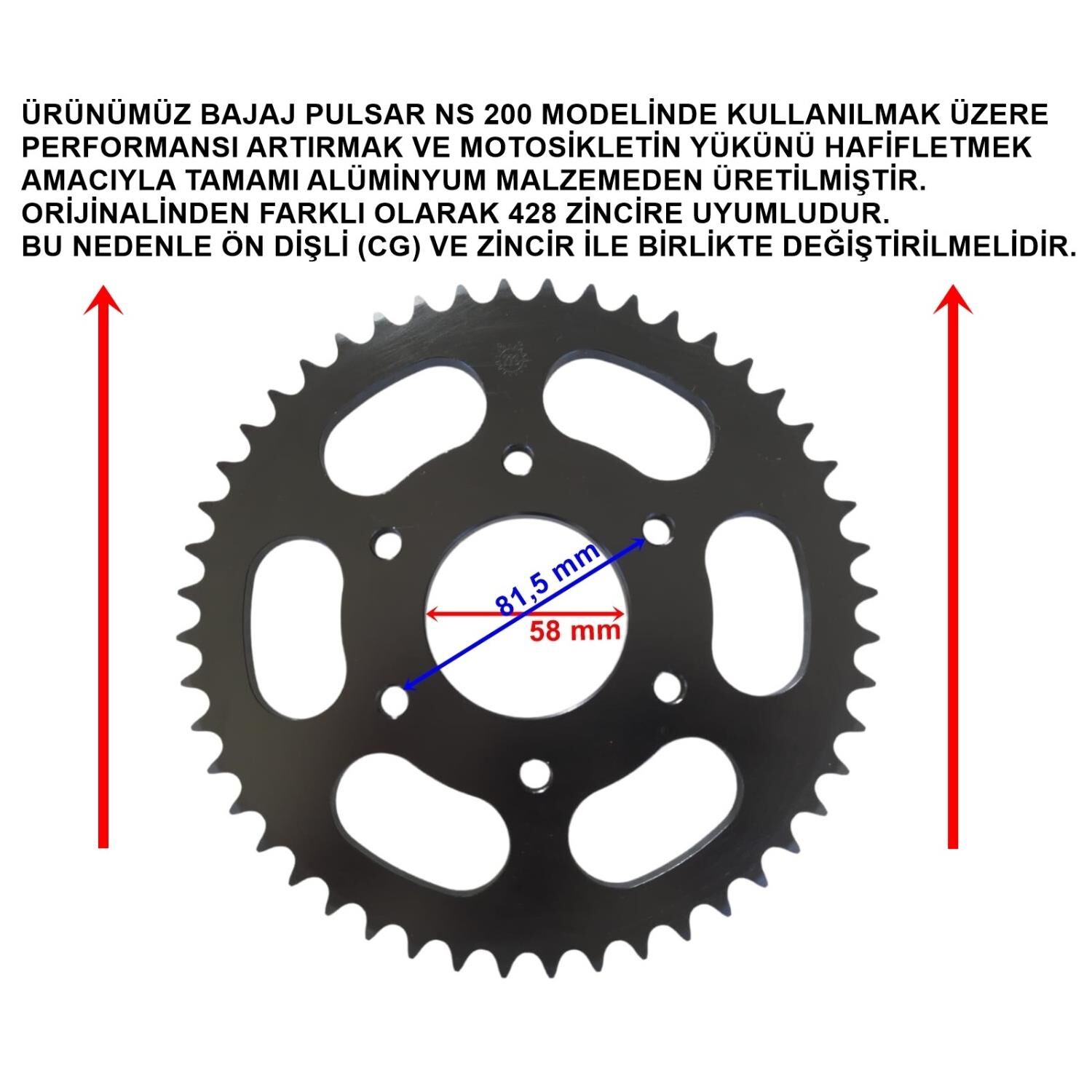 Bajaj Pulsar Ns 200 Arka Dişli Performans 428-48T İç 58 Mm Alüminyum Siyah Öm