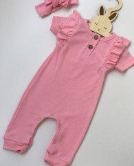 Pembe yazlık kısa kollu tulum bandana set.