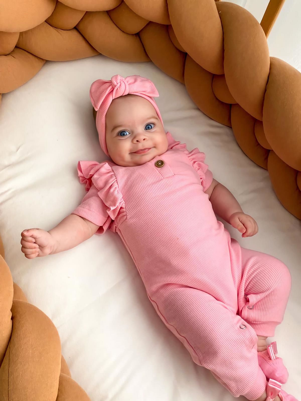 Pembe yazlık kısa kollu tulum bandana set.