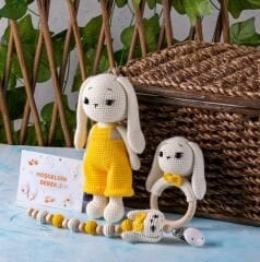 Bebeklere Özel Amigurumi Sarı Tavşan Bebek Çıngırak Emzik Ucu Seti Hediye Kutusu