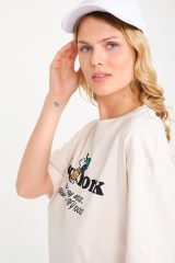 Bej Kadın Orijinal Marka Yazılı Pamuklu Oversize Tshirt
