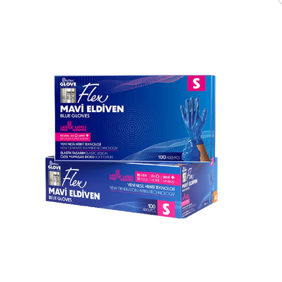 Yeni Nesil Hibrit Teknoloji Flex Pudrasız Eldiven Mavi 100'lü Paket
