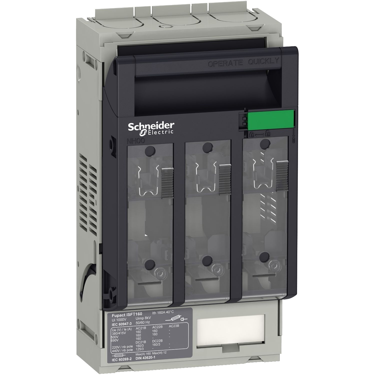 Schneider Electric LV480801 Sigortalı yük ayırıcı, FuPacT ISFT160, 160 A, DIN NH00, 3 kutuplu, arka plaka montajı, M8 terminalleri