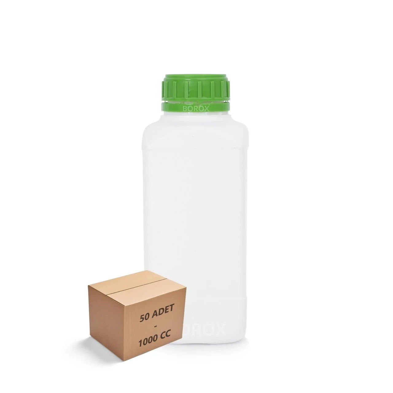 Borox Plastik Kare Şişe 1000 ml - Yeşil Kapaklı Şişe 50 Adet