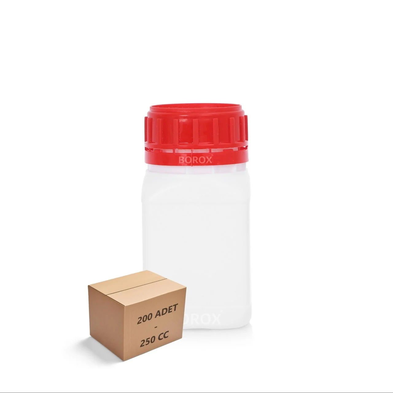 Borox Plastik Kare Şişe 250 ml - Kırmızı Kapaklı Şişe 200 Adet