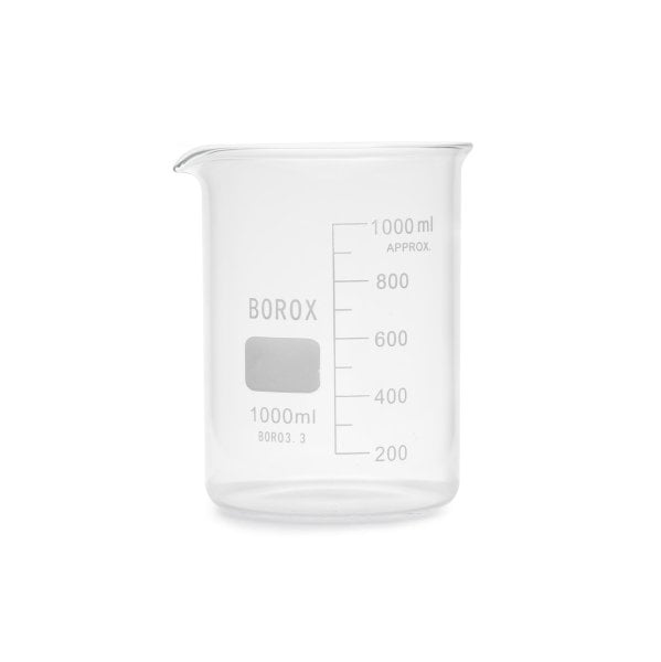 Borox Cam Beher 1000 ml - Kısa Form Isıya Dayanıklı Beaker