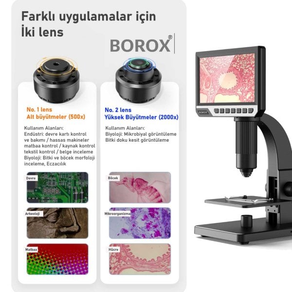 BOROXlab Dijital Mikroskop Çift Lens 2000x büyütme 7'' 12 MP