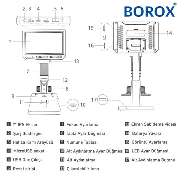 BOROXlab Dijital Mikroskop Çift Lens 2000x büyütme 7'' 12 MP