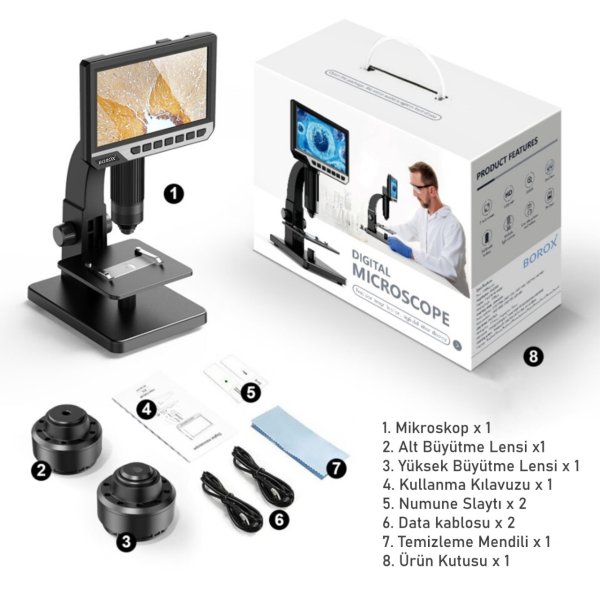 BOROXlab Dijital Mikroskop Çift Lens 2000x büyütme 7'' 12 MP
