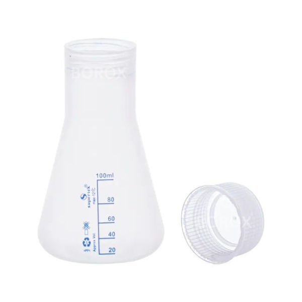 Borox Plastik Erlen 125 ml - Erlenmeyer Flask Vida Kapaklı - Mavi Skala