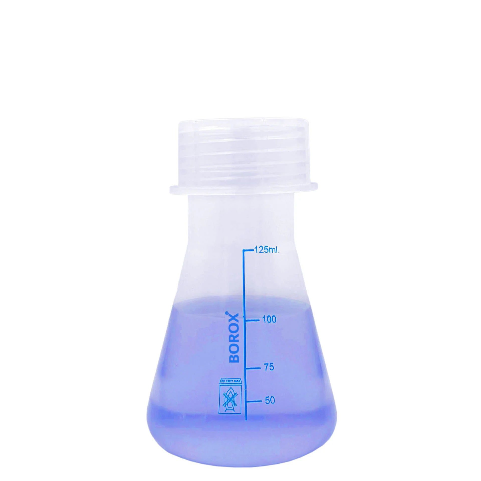 Borox Plastik Erlen 125 ml - Erlenmeyer Flask Vida Kapaklı - Mavi Skala
