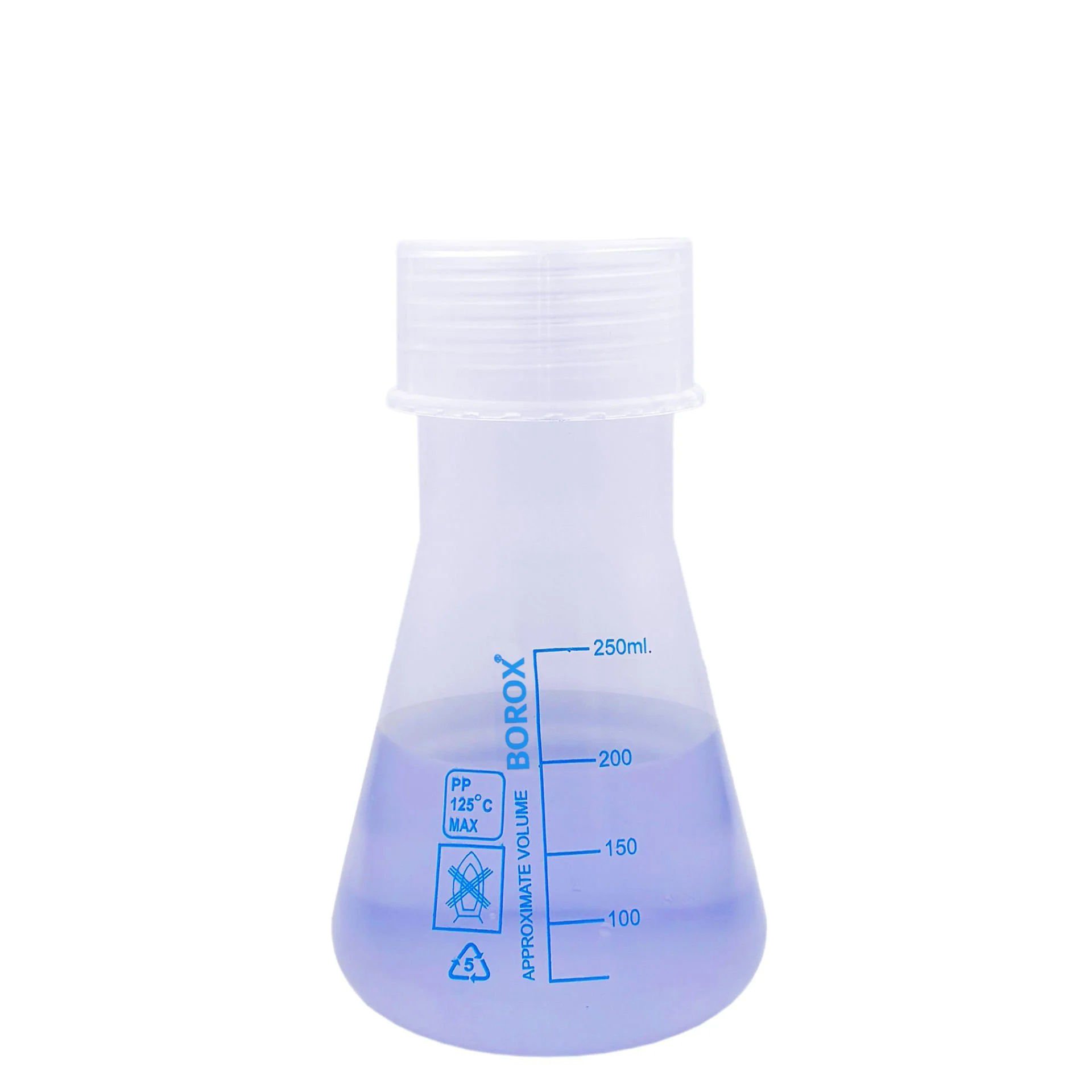 Borox Plastik Erlen 250 ml - Erlenmeyer Flask Vida Kapaklı - Mavi Skala