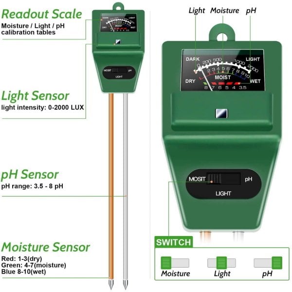 Toprak pH Ölçer ve Nem Işık Metre - Toprak Ölçüm Cihazı
