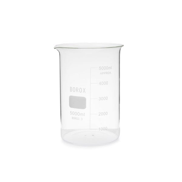 Borox Cam Beher 5000 ml - Kısa Form Isıya Dayanıklı Beaker