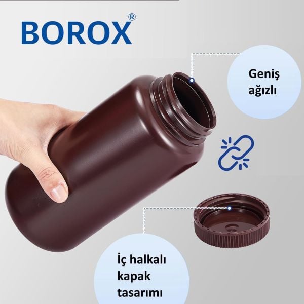 Borox Numune Şişesi 1000ml - Vida Kapaklı - HDPE Amber Şişe - Geniş Ağızlı Saklama Şişesi