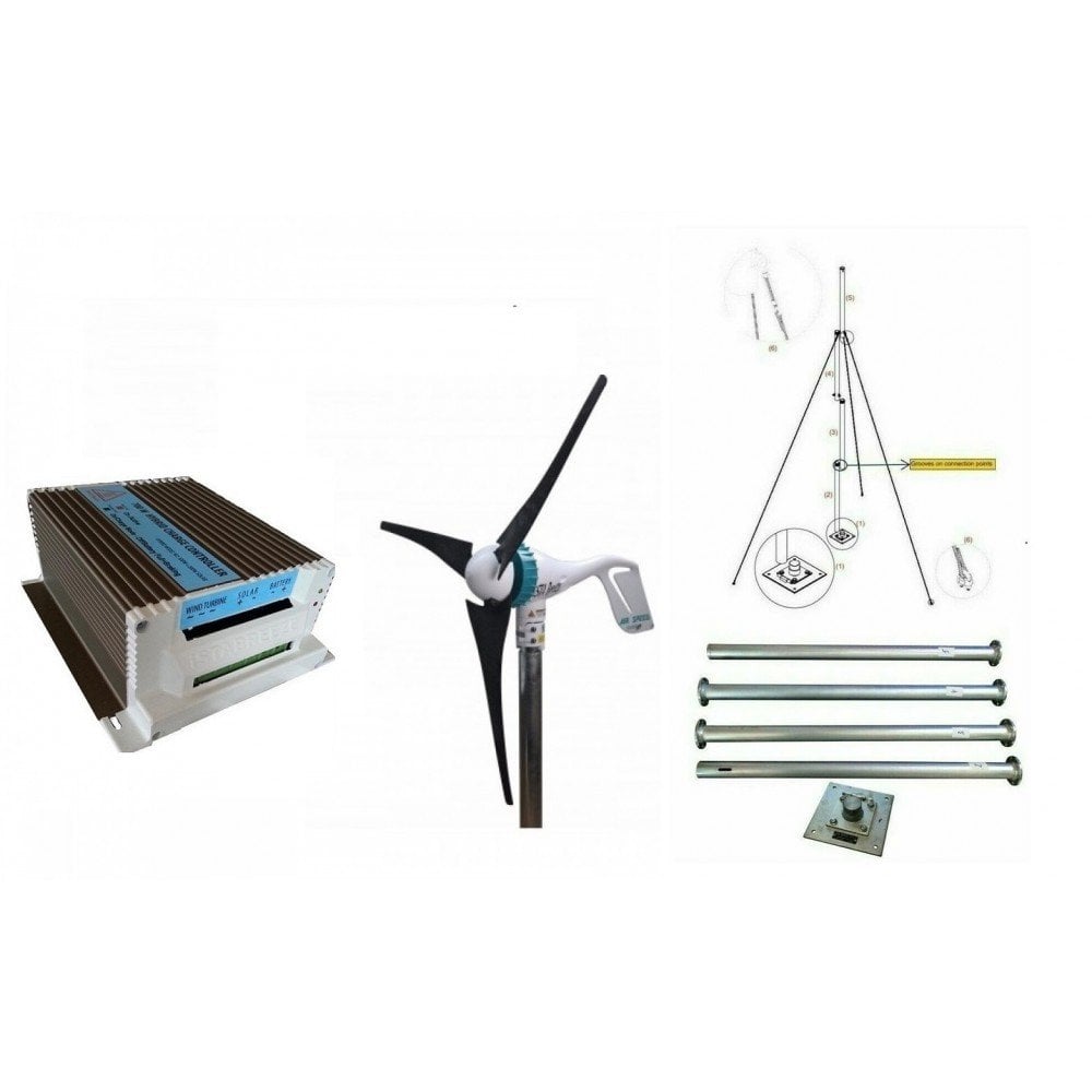 Set Air Speed 500W 12V Rüzgar Türbini + Hibrit Şarj Kontrol Cihazı + Direk Seti