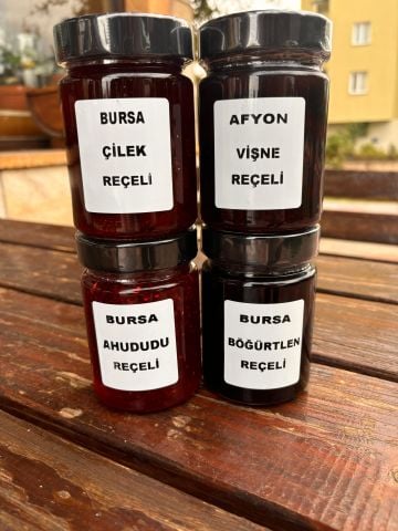 4 ADET REÇEL 400 GR BURSA ÇİLEK REÇELİ + 400 GR BURSA BÖĞÜRTLEN REÇELİ + 400 GR BURSA AHUDUDU REÇELİ + 400 GR AFYON VİŞNE REÇELİ