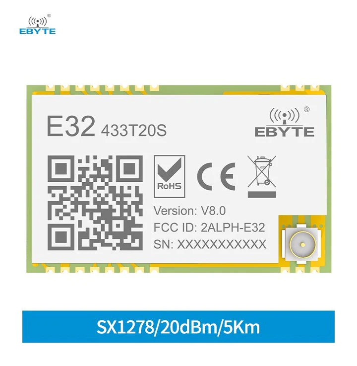 E32-433T20S -V8, 433MHz LoRa Modül , SX1278, 20dBm, 5km, UART, SMD