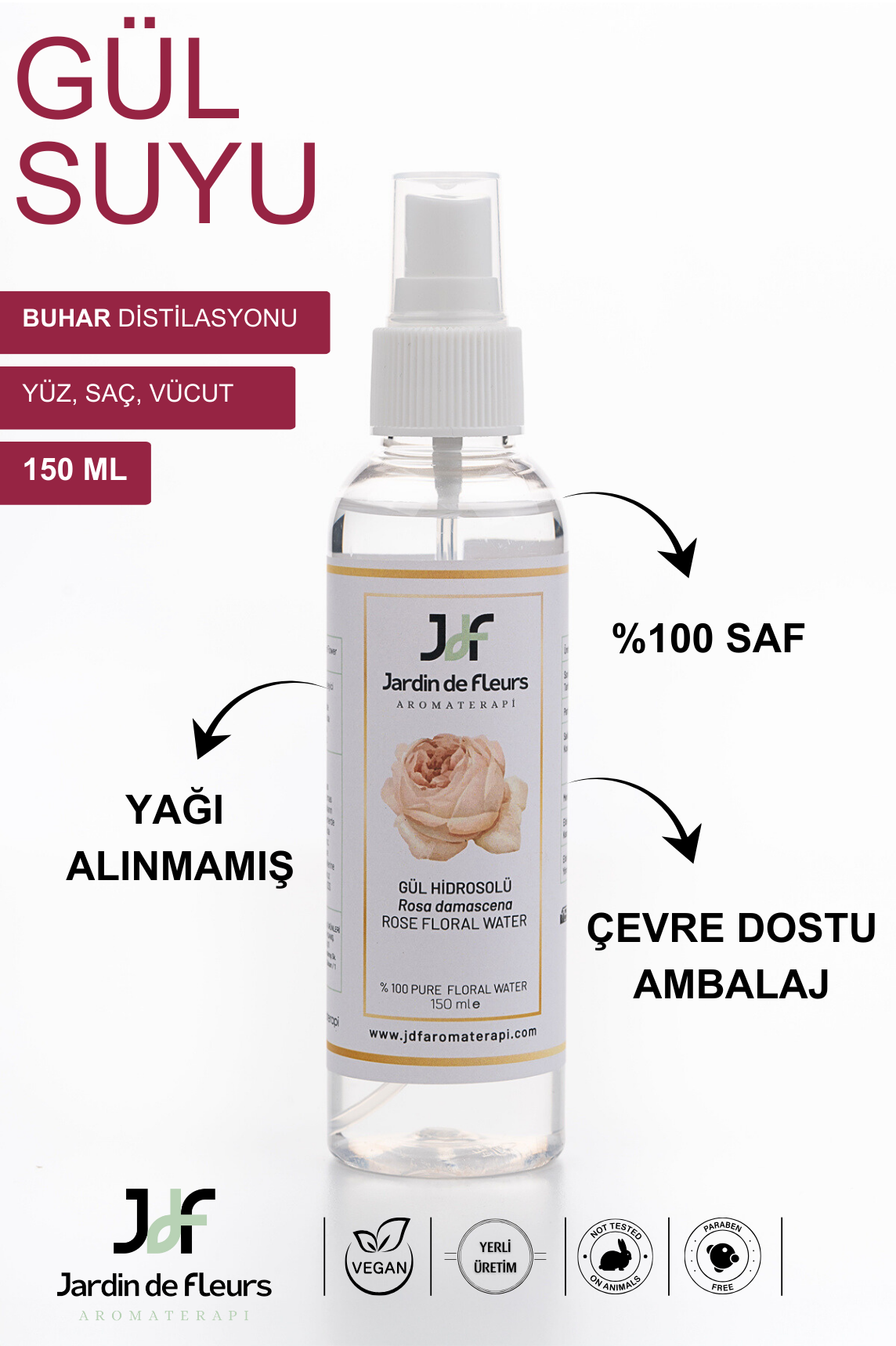 JdF Aromaterapi Gül Suyu (Hidrosolü) 150 ml - Yağı Alınmamış %100 Saf