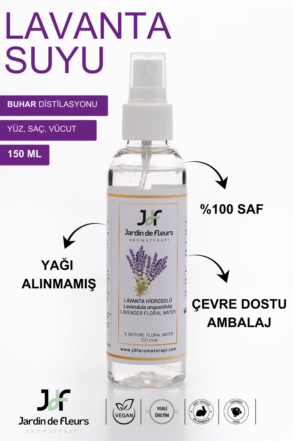 JdF Aromaterapi Lavanta Suyu (Hidrosolü) 150 ml - Yağı Alınmamış %100 Saf
