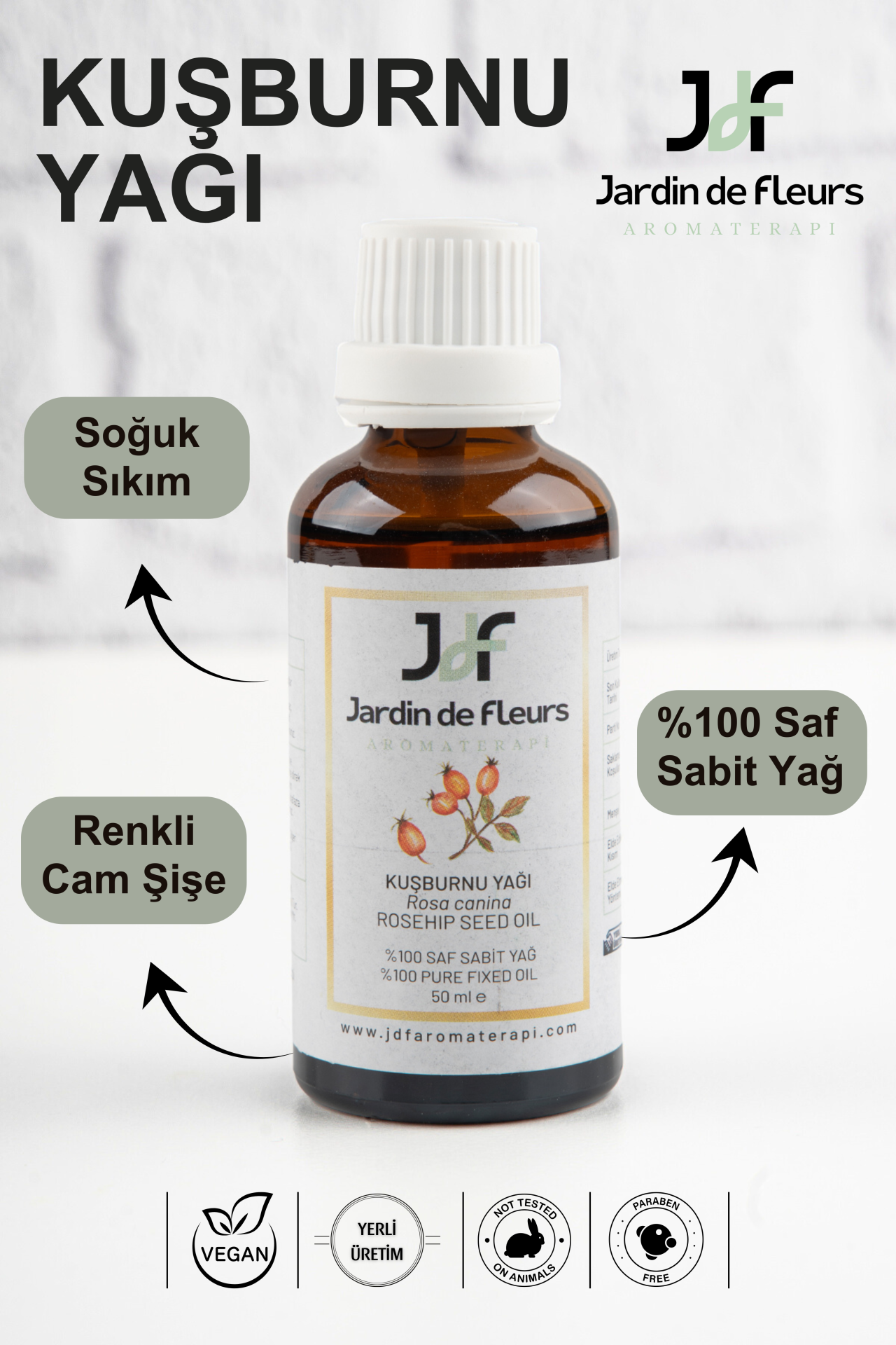 JdF Aromaterapi Kuşburnu Yağı (Rosehip Seed Oil) 50 ml - %100 Saf