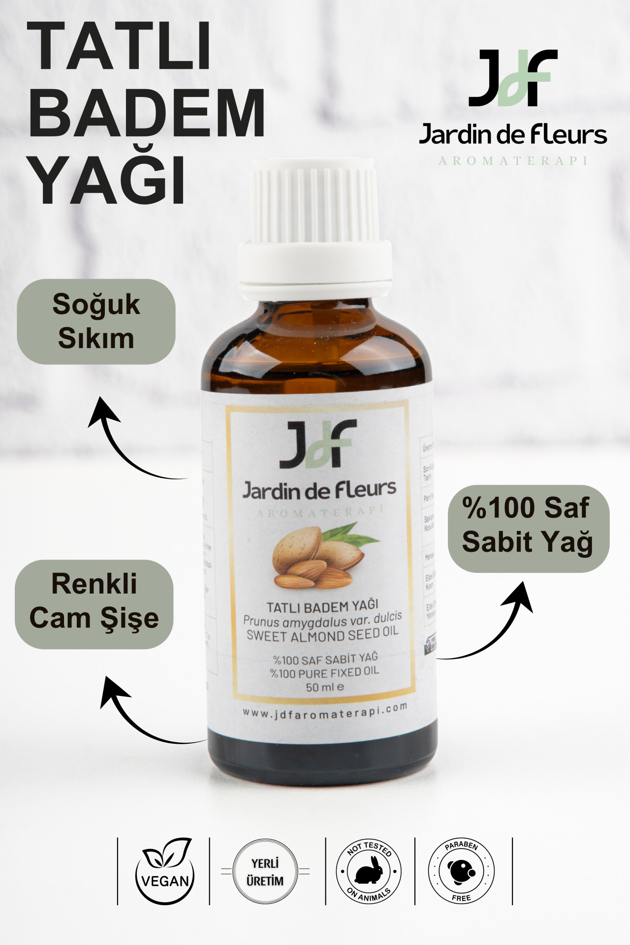 JdF Aromaterapi Tatlı Badem Yağı (Sweet Almond Oil) 50 ml - Soğuk Sıkım