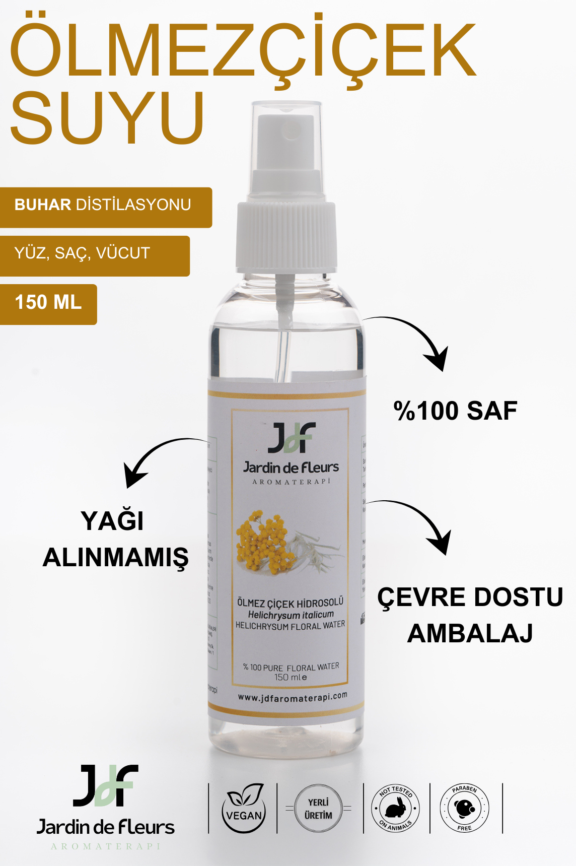 JdF Aromaterapi Ölmez Çiçek Suyu (Hidrosolü) 150 ml - Yağı Alınmamış %100 Saf