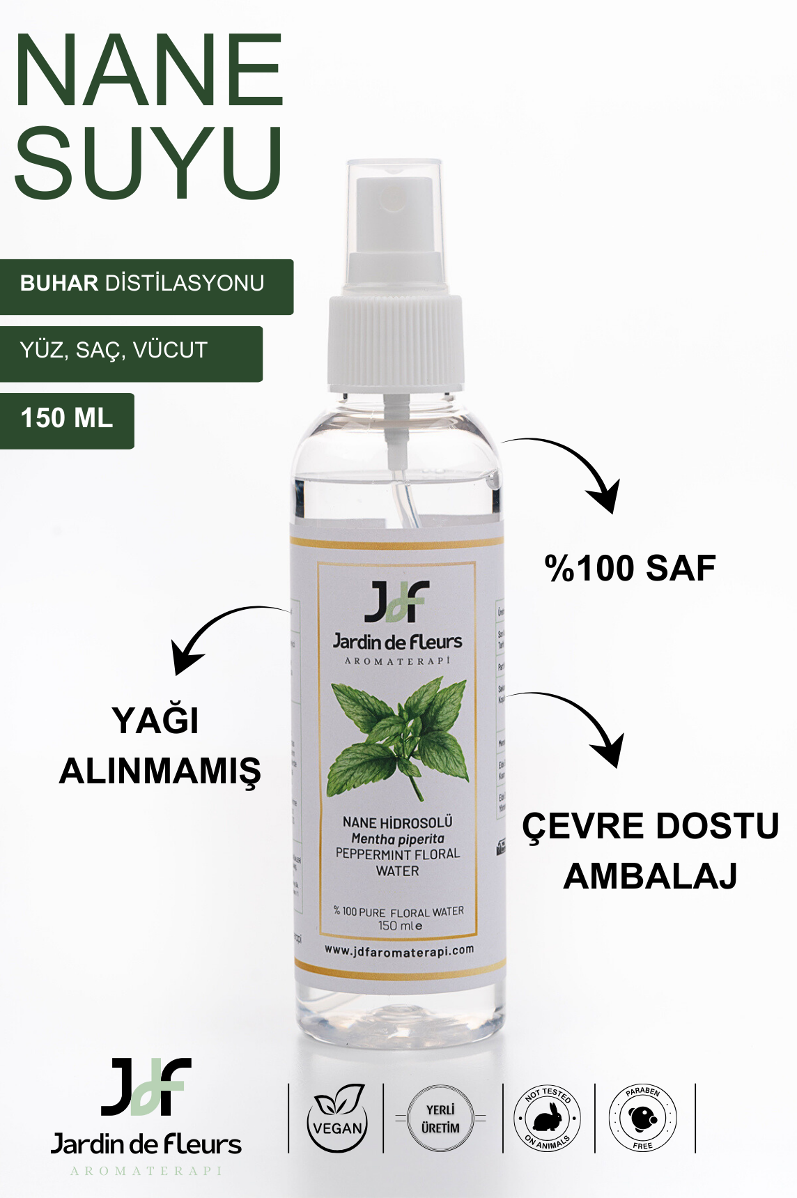 JdF Aromaterapi Nane Suyu (Hidrosolü) 150 ml - Yağı Alınmamış %100 Saf
