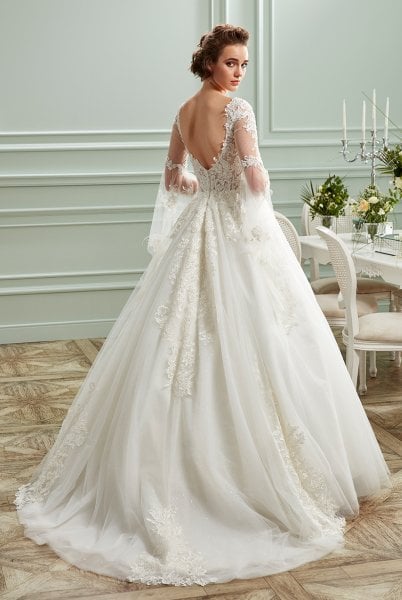Semi Sheer A-Line Wedding Dress with Spanish Sleeves, Feather and Lace, Chest Neck