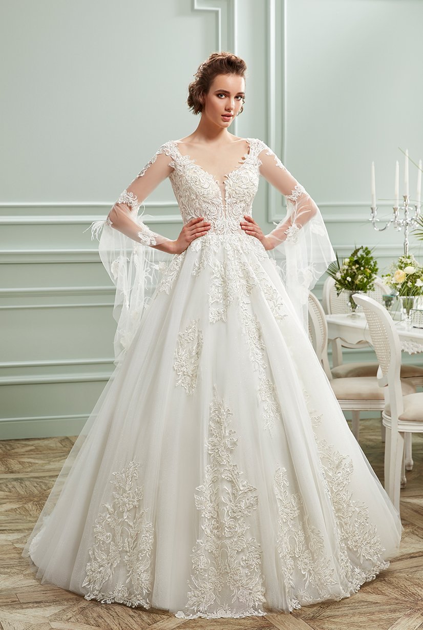 Semi Sheer A-Line Wedding Dress with Spanish Sleeves, Feather and Lace, Chest Neck