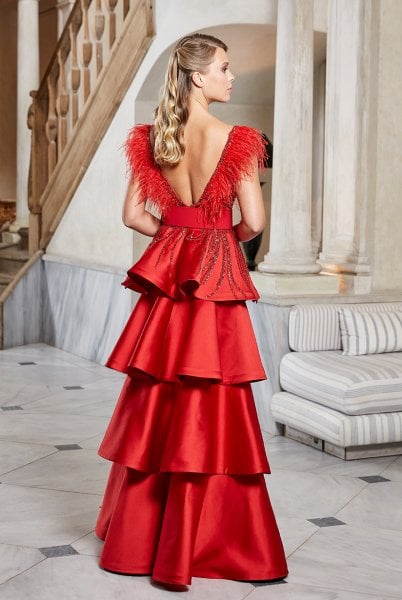 Feathered Shoulders and Back, Decollete Layered Evening Dress