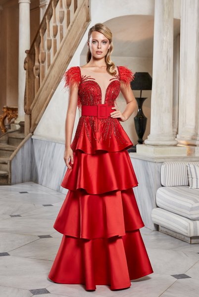Feathered Shoulders and Back, Decollete Layered Evening Dress