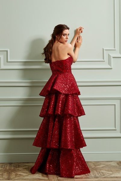 Tiered Flared Skirt, Fitted Bodice, Sequin Lace Evening Dress Model