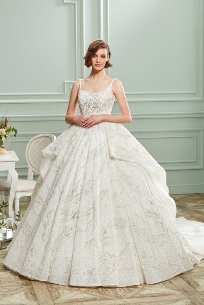 Princess Wedding Dress with Chest Neck, Silver Embroidered, Ruched and Crinoline