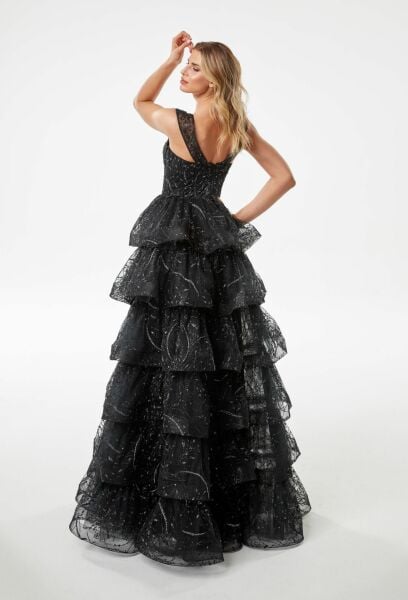 Boat Collar, Tiered Evening Dress Model