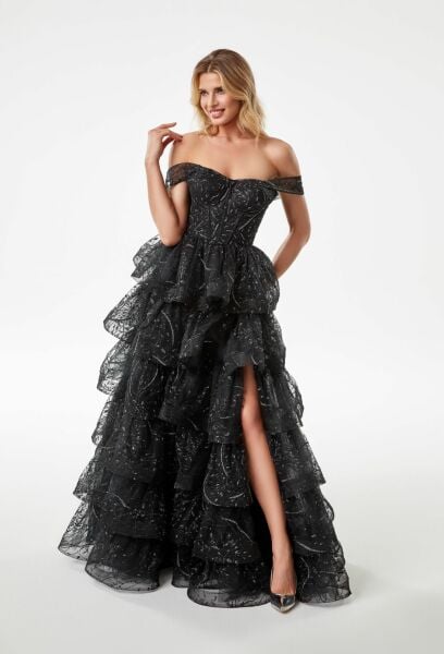 Boat Collar, Tiered Evening Dress Model