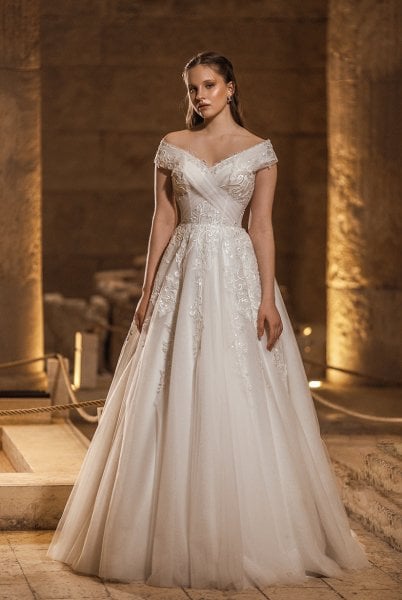 Madonna Collar Draped and Tulle Body A-Line Wedding Dress Model