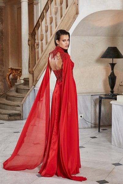 Strapless Cape and Deep Slit Evening Dress Model