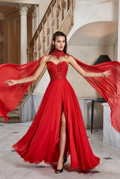 Strapless Cape and Deep Slit Evening Dress Model