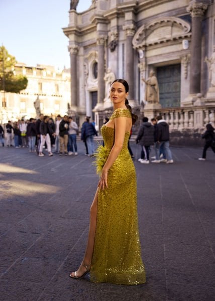 Evening Dress Model in Sweetheart Neckline Form, Draped, Side Sleeve Detail, Deep Slit, Decorated with Shiny Sequins and Beads